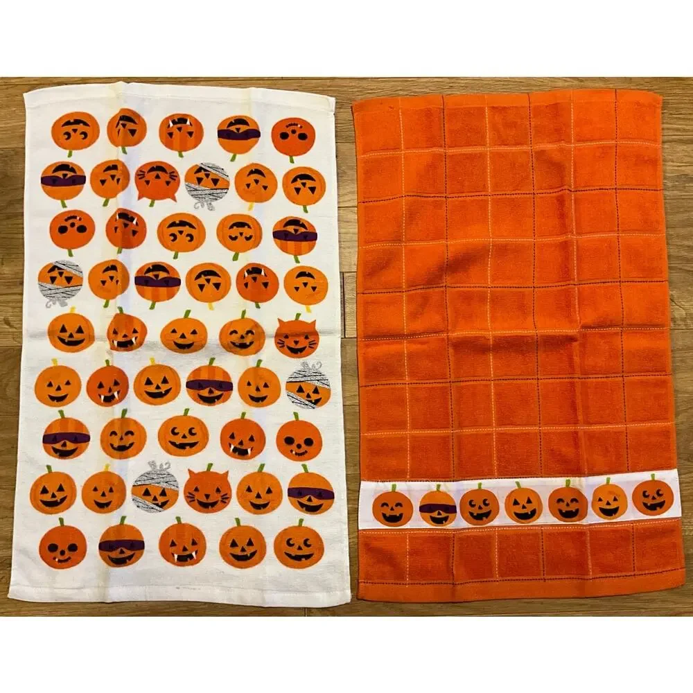 Happy Halloween 100% Cotton Dish Hand Tea Towels Orange White Pumpkins